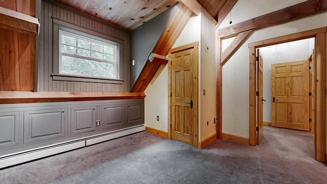 bonus room featuring a baseboard radiator, light colored carpet, and lofted ceiling