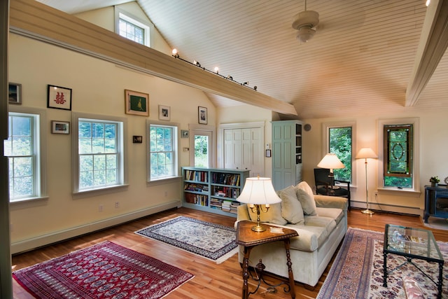 living room featuring high vaulted ceiling, hardwood / wood-style floors, and a baseboard radiator