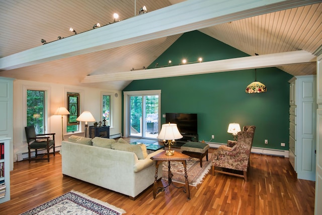 living room with a baseboard heating unit, dark hardwood / wood-style flooring, and beam ceiling