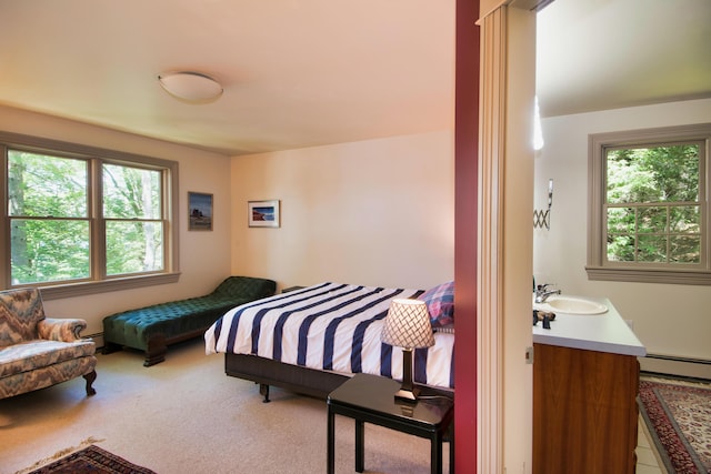 bedroom featuring carpet, sink, and multiple windows