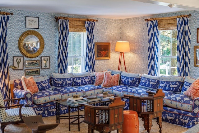 11 Bunkers Ledge Ln, Cranberry Isles, ME 04625 - living area with wallpapered walls