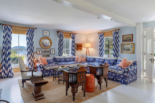 11 Bunkers Ledge Ln, Cranberry Isles, ME 04625 - living area featuring wallpapered walls and beam ceiling