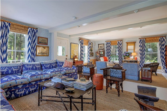 11 Bunkers Ledge Ln, Cranberry Isles, ME 04625 - carpeted living room featuring wallpapered walls and beam ceiling