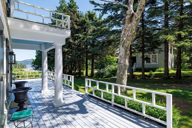 11 Bunkers Ledge Ln, Cranberry Isles, ME 04625 - wooden terrace with a mountain view and a yard