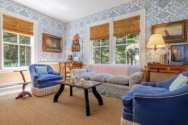 11 Bunkers Ledge Ln, Cranberry Isles, ME 04625 - carpeted living area with wallpapered walls