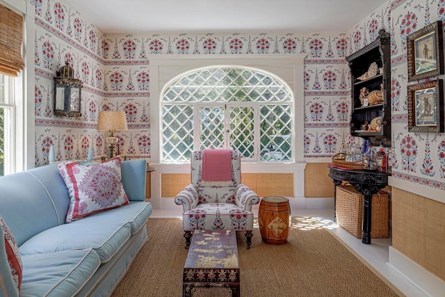 11 Bunkers Ledge Ln, Cranberry Isles, ME 04625 - sitting room with wallpapered walls and a wealth of natural light