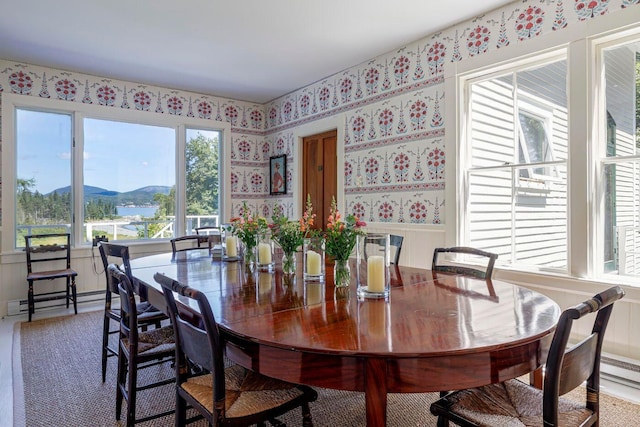 11 Bunkers Ledge Ln, Cranberry Isles, ME 04625 - dining room featuring a mountain view, wallpapered walls, baseboard heating, and wainscoting