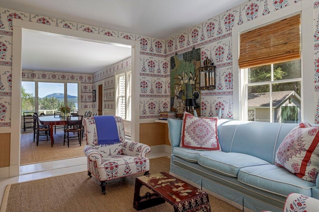 11 Bunkers Ledge Ln, Cranberry Isles, ME 04625 - living area featuring wallpapered walls and a mountain view
