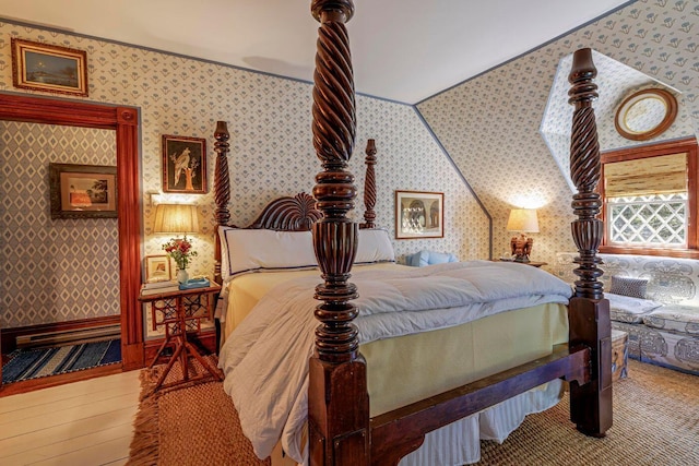 11 Bunkers Ledge Ln, Cranberry Isles, ME 04625 - bedroom featuring wallpapered walls and wood finished floors