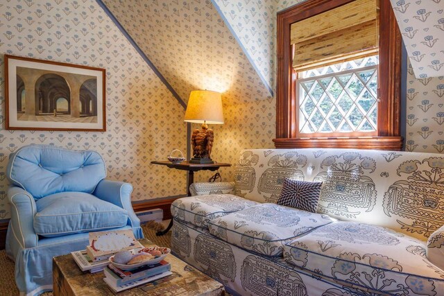 11 Bunkers Ledge Ln, Cranberry Isles, ME 04625 - sitting room with wallpapered walls and baseboard heating