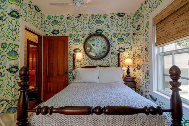 11 Bunkers Ledge Ln, Cranberry Isles, ME 04625 - bedroom featuring ceiling fan and wallpapered walls