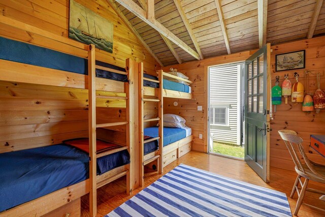 11 Bunkers Ledge Ln, Cranberry Isles, ME 04625 - bedroom featuring wooden ceiling, wooden walls, and wood finished floors
