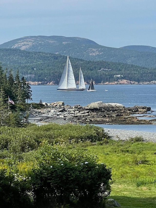 11 Bunkers Ledge Ln, Cranberry Isles, ME 04625 - property view of water featuring a wooded view and a mountain view