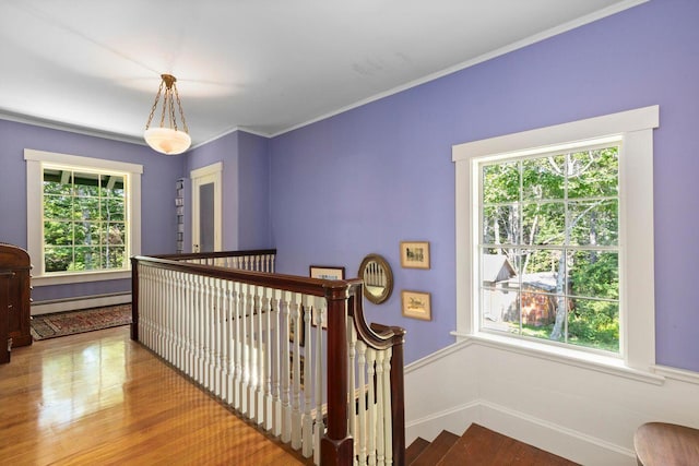 LTS23A Birch Is, South Bristol, ME 04568 - stairs featuring a baseboard heating unit, a wainscoted wall, wood finished floors, and ornamental molding