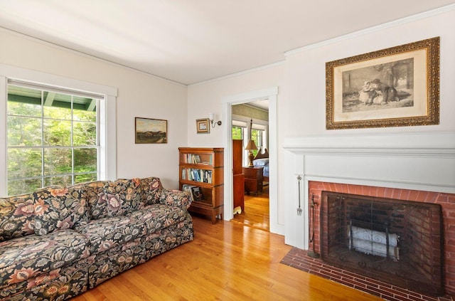 LTS23A Birch Is, South Bristol, ME 04568 - living room with crown molding, light wood finished floors, a fireplace, and healthy amount of natural light