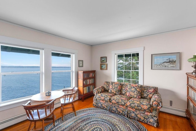 LTS23A Birch Is, South Bristol, ME 04568 - living room featuring baseboard heating, ornamental molding, wood finished floors, and a water view