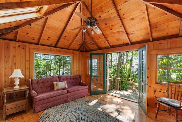 LTS23A Birch Is, South Bristol, ME 04568 - living room with wooden ceiling, wood finished floors, wooden walls, and a ceiling fan