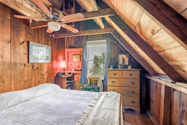 bedroom featuring wooden walls, lofted ceiling with beams, wooden ceiling, and wood-type flooring