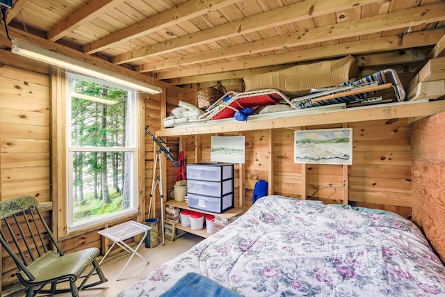 bedroom featuring wood ceiling, wooden walls, and beamed ceiling