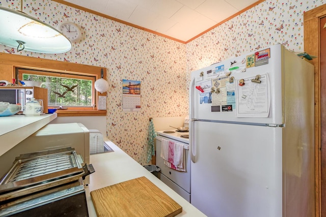 kitchen with ornamental molding and white appliances