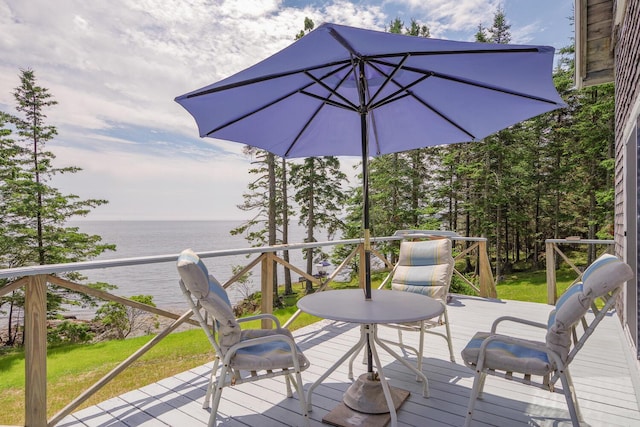 wooden terrace featuring a water view