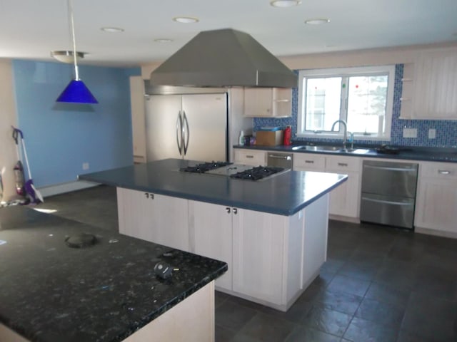 kitchen with sink, appliances with stainless steel finishes, ventilation hood, and a center island