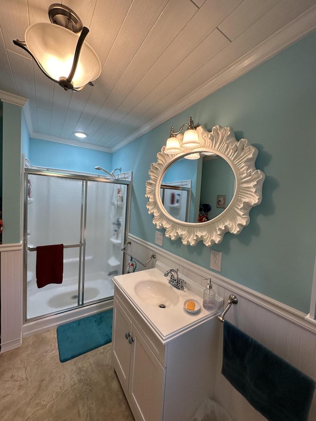 bathroom with ornamental molding, an enclosed shower, wood ceiling, and vanity