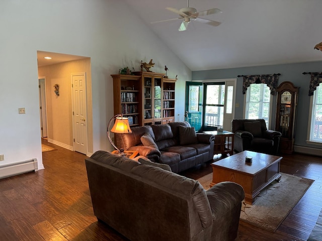 living room featuring high vaulted ceiling, a baseboard radiator, dark hardwood / wood-style floors, and ceiling fan