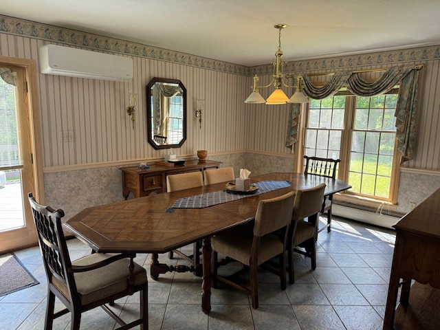 tiled dining area with a healthy amount of sunlight, a baseboard radiator, and a wall unit AC