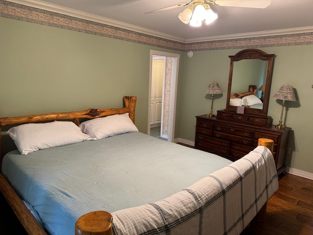 bedroom featuring ceiling fan, dark hardwood / wood-style floors, and ornamental molding