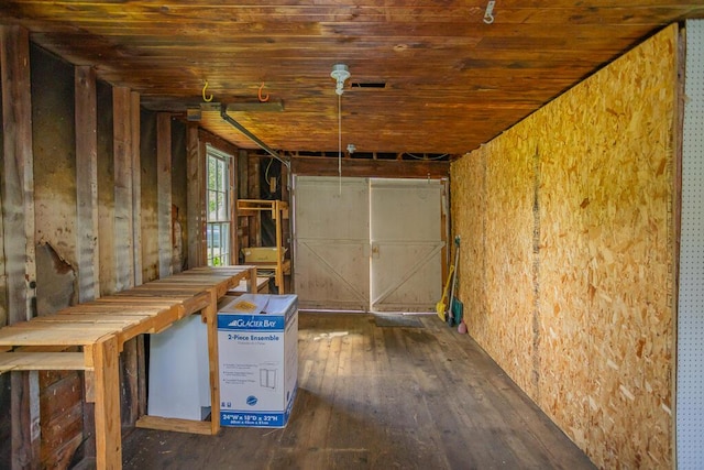 interior space featuring wood ceiling and dark wood-type flooring