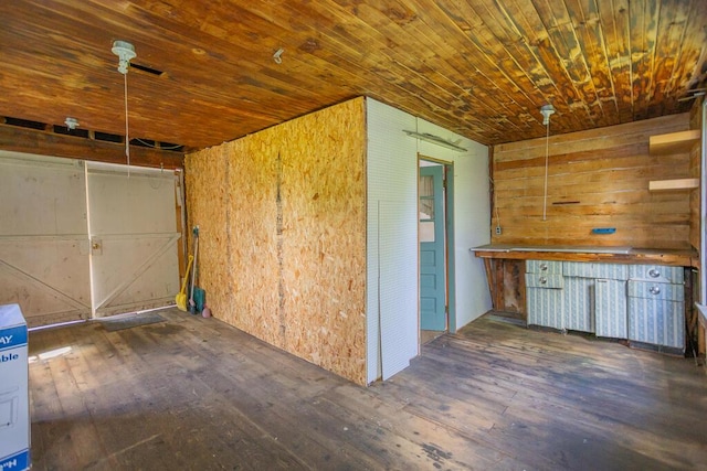 interior space featuring wood ceiling and wooden walls