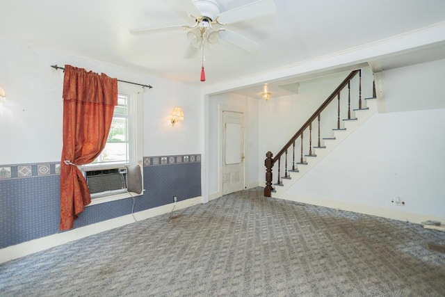 unfurnished living room with ceiling fan and cooling unit