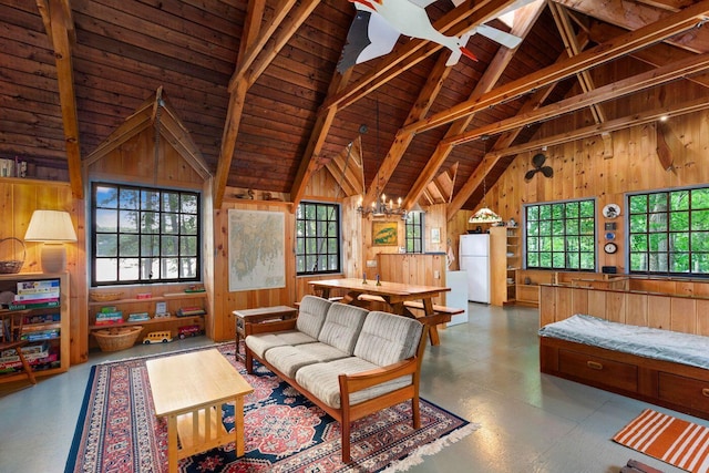 living room featuring vaulted ceiling with beams, an inviting chandelier, wood ceiling, and wooden walls