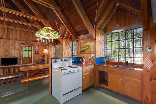 kitchen featuring white electric range, vaulted ceiling with beams, sink, wood walls, and wooden ceiling