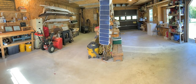 garage with a workshop area