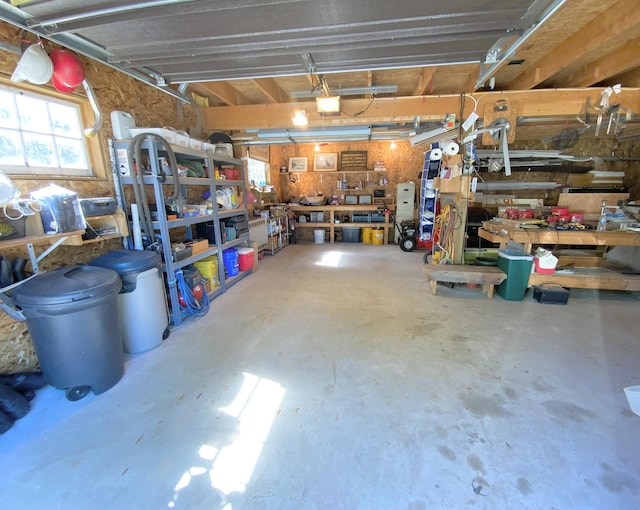 garage with a garage door opener and a workshop area