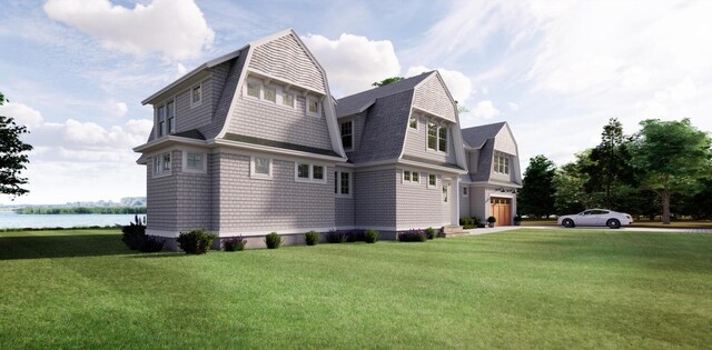 view of property exterior with a water view, a lawn, a garage, a gambrel roof, and a shingled roof