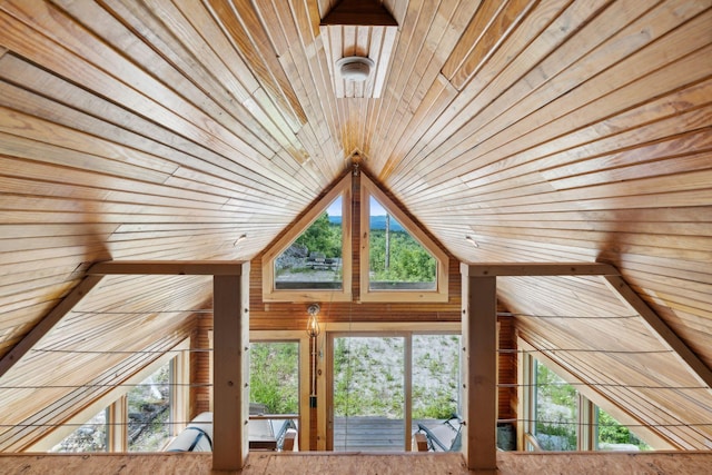 details with wooden walls and wood ceiling