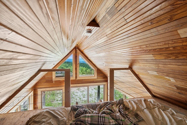 unfurnished bedroom with lofted ceiling, wooden ceiling, and wood walls