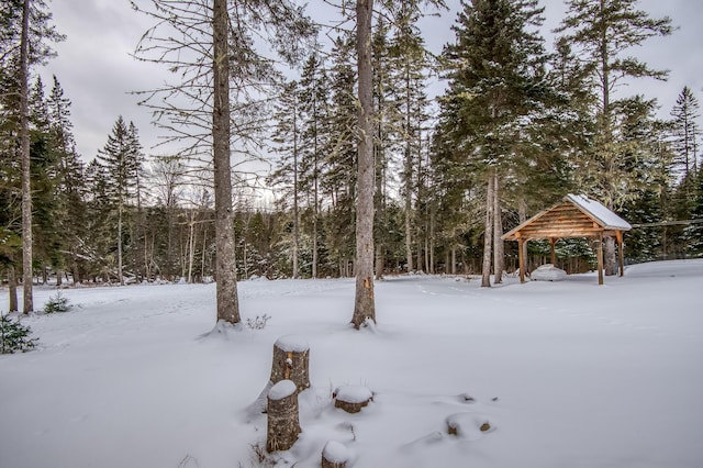 yard layered in snow with a gazebo