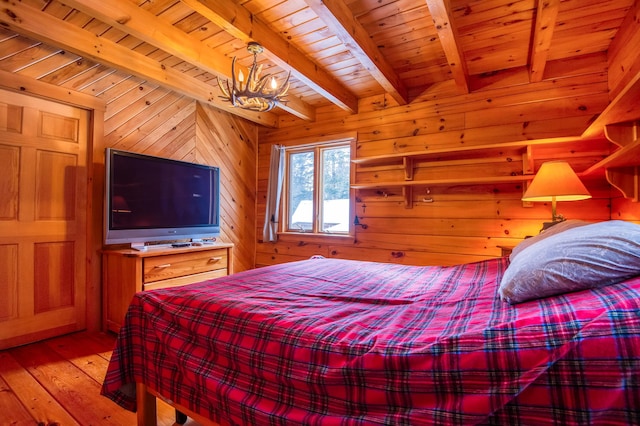 bedroom with an inviting chandelier, beam ceiling, wooden walls, and wooden ceiling