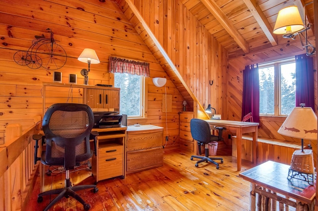 office area with vaulted ceiling with beams, wood ceiling, wood walls, and light wood-type flooring