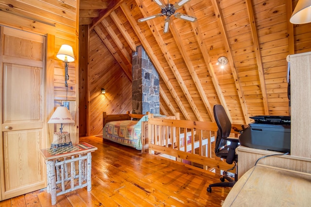 bedroom featuring vaulted ceiling with beams, wood ceiling, wooden walls, and wood-type flooring