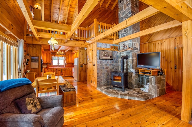 living room with a wood stove, beam ceiling, wood walls, wooden ceiling, and light wood-type flooring