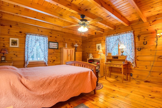 bedroom with wood walls, wood ceiling, light hardwood / wood-style flooring, beamed ceiling, and ceiling fan