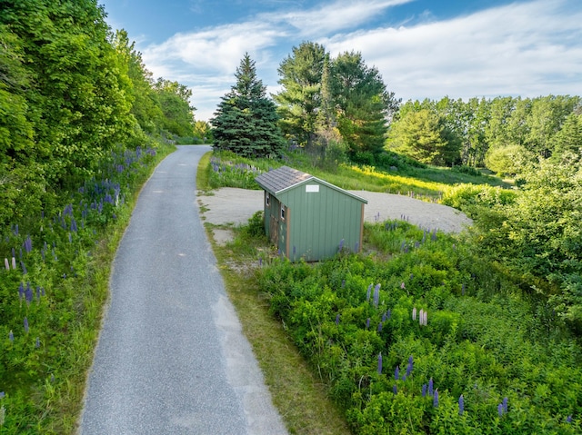 view of home's community with a storage shed