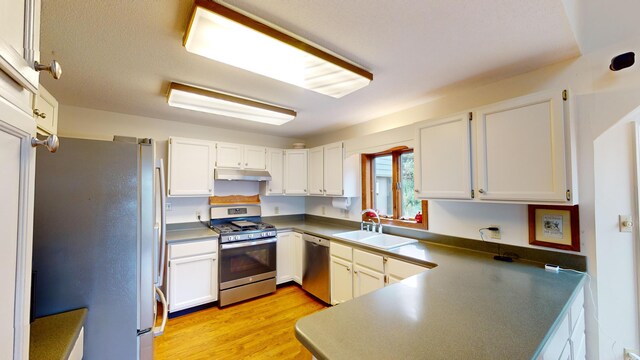 kitchen featuring sink, light hardwood / wood-style flooring, stainless steel appliances, and white cabinets