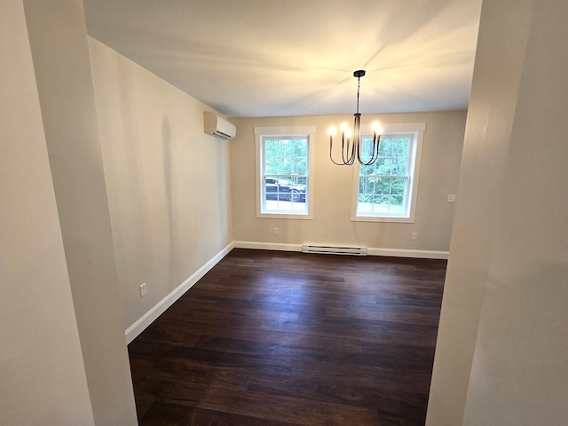 unfurnished dining area with a wall mounted AC, a baseboard radiator, dark wood finished floors, and baseboards