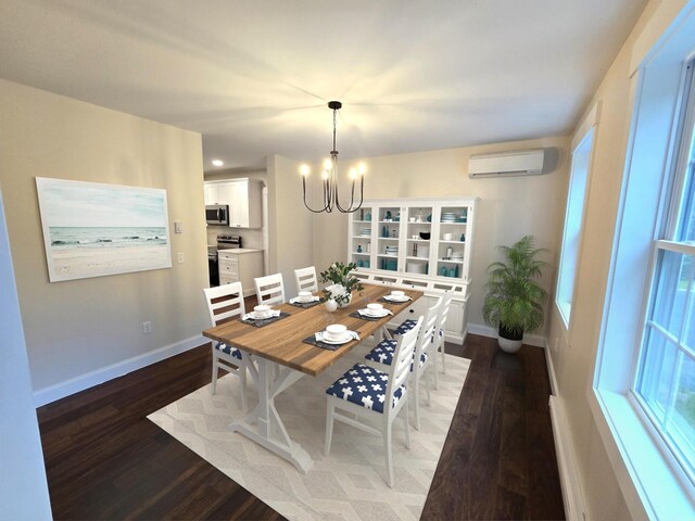 dining area with a wall unit AC, wood-type flooring, and a notable chandelier